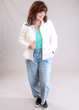 Staccato Striped V Neck Jersey Top with Short Sleeves