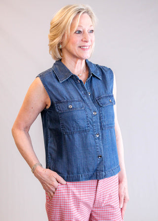 Liverpool Sleeveless Button Front Top with Pockets Side View - Fashion Crossroads Inc