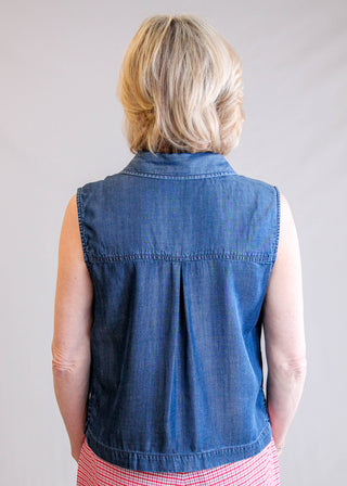 Liverpool Sleeveless Button Front Top with Pockets Back View - Fashion Crossroads Inc