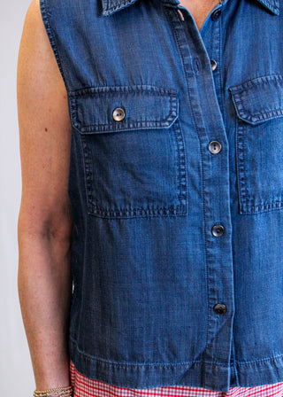 Liverpool Sleeveless Button Front Top with Pockets Detail View - Fashion Crossroads Inc