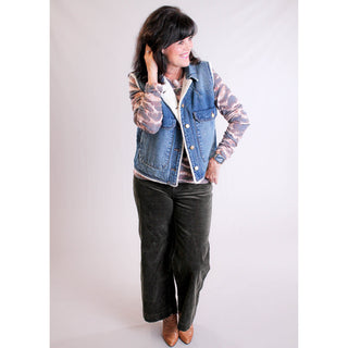 Democracy Denim Vest with Sherpa Lining modeled view - Fashion Crossroads Inc.