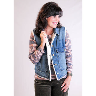 Democracy Denim Vest with Sherpa Lining front view - Fashion Crossroads Inc.