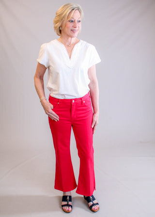 Staccato Scallop Edge Top with Short Sleeves Model View - Fashion Crossroads Inc