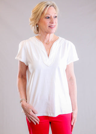 Staccato Scallop Edge Top with Short Sleeves Front View - Fashion Crossroads Inc