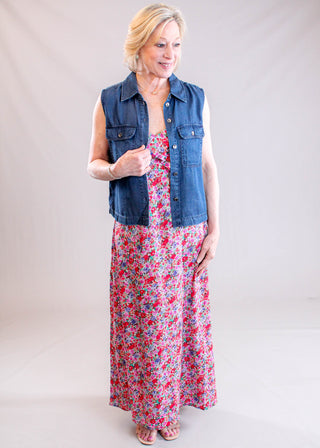 Liverpool Sleeveless Button Front Top with Pockets Model View - Fashion Crossroads Inc