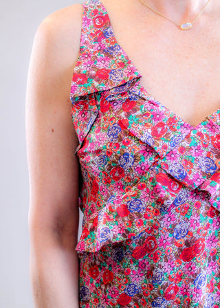 Liverpool Sleeveless Ruffle Front Maxi Dress Detail View - Fashion Crossroads Inc