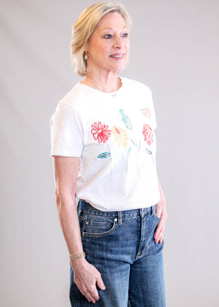 Caite Short Sleeve Cotton Malia Tee with Embroidered Flowers Side View - Fashion Crossroads Inc