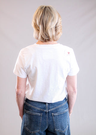 Caite Short Sleeve Cotton Malia Tee with Embroidered Flowers Back View - Fashion Crossroads Inc