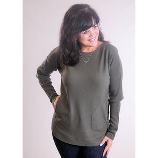 Charlie B Round Hem Sweater with Laced Up Back front view - Fashion Crossroads Inc. 