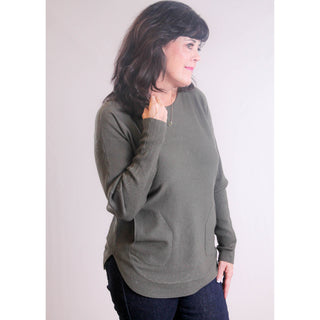 Charlie B Round Hem Sweater with Laced Up Back side view - Fashion Crossroads Inc. 