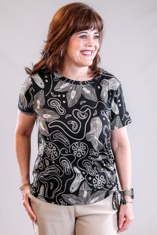 Tribal Sportswear Printed Jersey Crew Neck Top with Side Ruching Front View - Fashion Crossroads Inc