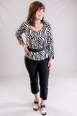 Tribal Sportswear Flatten It Slim Leg Capris with Snap Vent Model view - Fashion Crossroads Inc