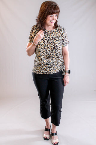 Tribal Sportswear Printed Jersey Crew Neck Top with Side Ruching Model View - Fashion Crossroads Inc