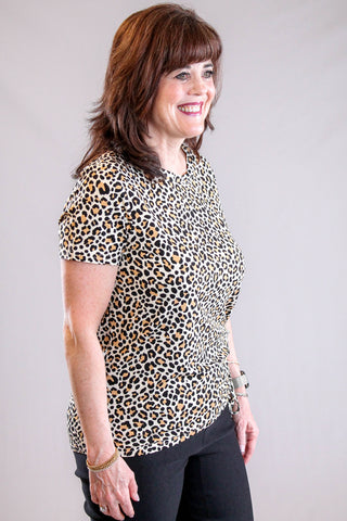 Tribal Sportswear Printed Jersey Crew Neck Top with Side Ruching Front View -Fashion Crossroads Inc