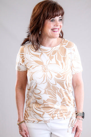Tribal Sportswear Printed Jersey Crew Neck Top with Side Ruching Front View - Fashion Crossroads Inc