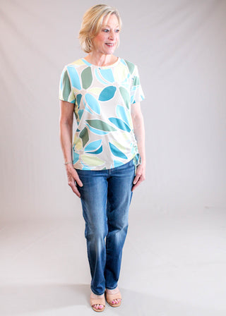 Tribal Sportswear Printed Jersey Crew Neck with Side Rouching Model View - Fashion Crossroads Inc