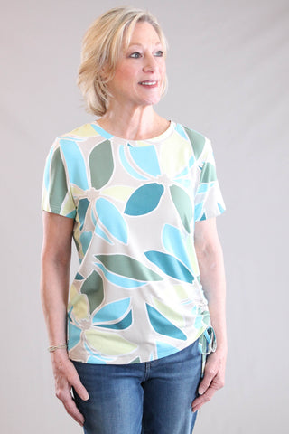 Tribal Sportswear Printed Jersey  Top with Side Rouching Front View - Fashion Crossroads Inc