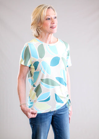 Tribal Sportswear Printed Jersey Crew Neck Top with Side Rouching Side View - Fashion Crossroads Inc