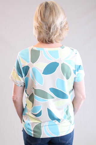 Tribal Sportswear Printed Jersey Crew Neck Top with Side Rouching Back View - Fashion Crossroads Inc