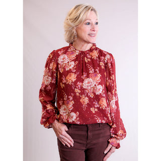 Staccato Ruffle Neck Blouse with Long Sleeves front view - Fashion Crossroads Inc