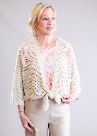 Charlie B Crocheted Lurex Tie Front Bolero Front View - Fashion Crossroads Inc