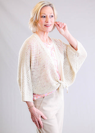Charlie B Crocheted Lurex Tie Front Bolero Side View - Fashion Crossroads Inc