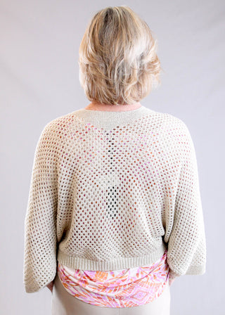 Charlie B Crocheted Lurex Tie Front Bolero Back View - Fashion Crossroads Inc