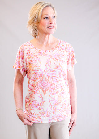 Tribal Sportswear Printed Linen Top with Pleating Front View - Fashion Crossroads Inc