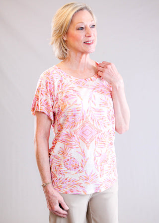 Tribal Sportswear Printed Linen Top with Pleating Side View - Fashion Crossroads Inc