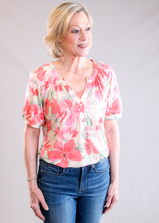 Tribal Sportswear Printed Linen Elbow Sleeve Henley Front View - Fashion Crossroads Inc