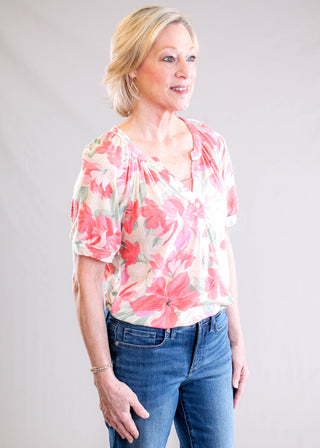 Tribal Sportswear Printed Linen Elbow Sleeve Henley Side View - Fashion Crossroads Inc