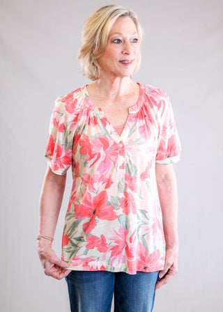 Tribal Sportswear Printed Linen Elbow Sleeve Henley Front View - Fashion Crossroads Inc