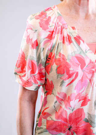 Tribal Sportswear Printed Linen Elbow Sleeve Henley Detail View - Fashion Crossroads Inc
