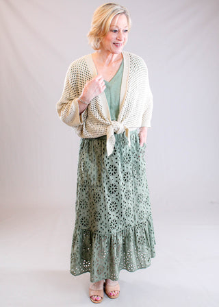Charlie B Crocheted Lurex Tie Front Bolero Model View - Fashion Crossroads Inc