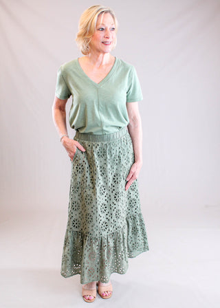 Tribal Sportswear V Neck Tee with Short Sleeves Model View - Fashion Crossroads Inc
