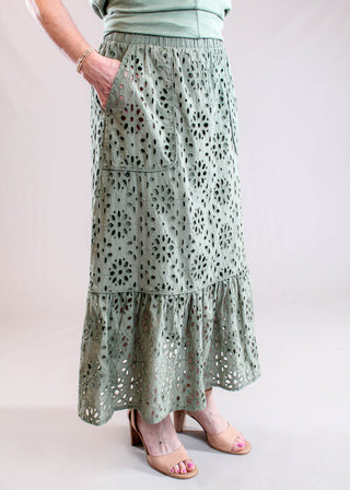 Tribal Sportswear Floral Embroidered Boho Maxi Skirt Side View - Fashion Crossroads Inc
