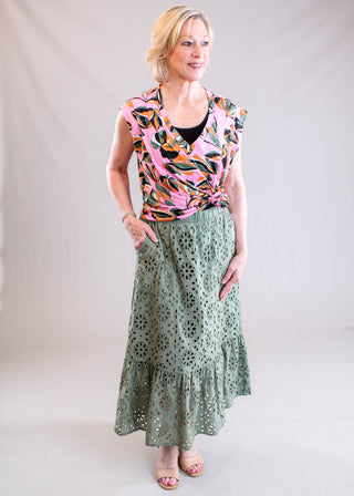 Tribal Sportswear Printed V Neck Cap Sleeve Top Model View - Fashion Crossroads Inc