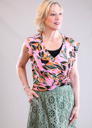 Tribal Sportswear Printed V Neck Cap Sleeve Top Front View - Fashion Crossroads Inc