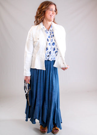 Nostalgia Maxi Skirt with Handkerchief Hem Model View - Fashion Crossroads Inc