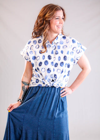 Habitat Cap Sleeve Button Down Cabana Shirt Model View - Fashion Crossroads Inc
