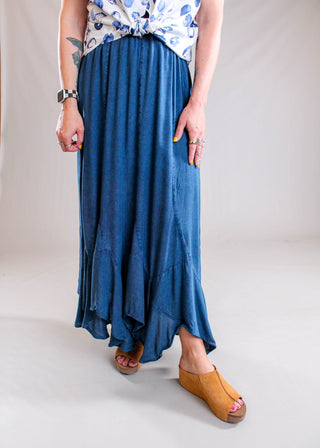 Nostalgia Maxi Skirt with Handkerchief Hem Front View - Fashion Crossroads Inc