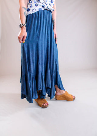 Nostalgia Maxi Skirt with Handkerchief Hem Side View - Fashion Crossroads Inc