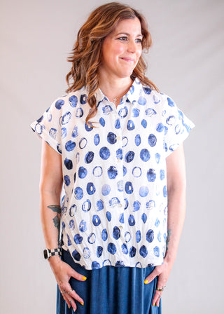 Habitat Cap Sleeve Button Down Cabana Shirt Front View - Fashion Crossroads Inc