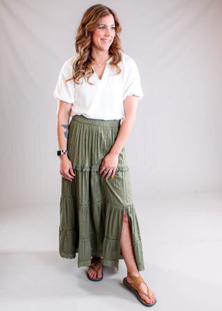 Nostalgia Maxi Skirt with Eyelet Detail and Front Side Slit Model View - Fashion Crossroads Inc