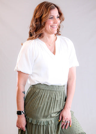 Staccato Split V Neck Top with Balloon Short Sleeves Side View - Fashion Crossroads Inc