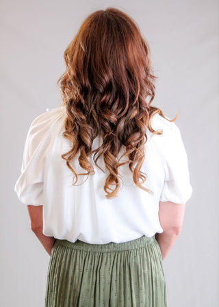 Staccato Split V Neck Top with Balloon Short Sleeves Back View - Fashion Crossroads Inc