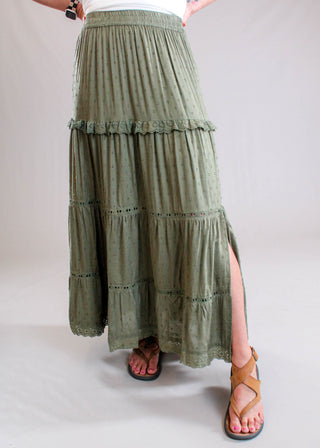 Nostalgia Maxi Skirt with Eyelet Detail and Front Side Slit Front View - Fashion Crossroads Inc