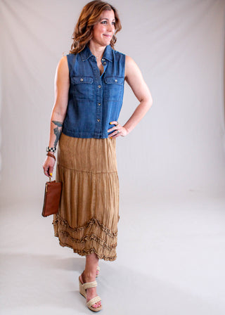Liverpool Sleeveless Button Front Top with Pockets Model View - Fashion Crossroads Inc