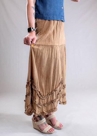 Nostalgia Acid Wash Maxi Skirt with Ruffle Detail Side View - Fashion Crossroads Inc