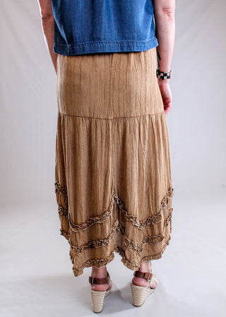 Nostalgia Acid Wash Maxi Skirt with Ruffle Detail Back View - Fashion Crossroads Inc